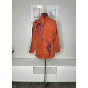 Bob Mackie Wearable Art Jacket Women's Small Orange Fleece Embroidered Button Up
